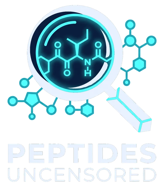 Peptides Uncensored logo: a magnifying glass over a peptide molecule